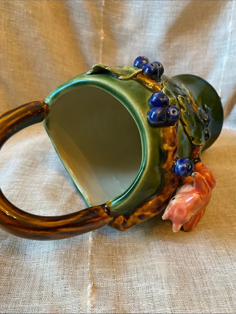 Green Ceramic Squirrel Majolica style Basket Vase with Blue Berry Accents